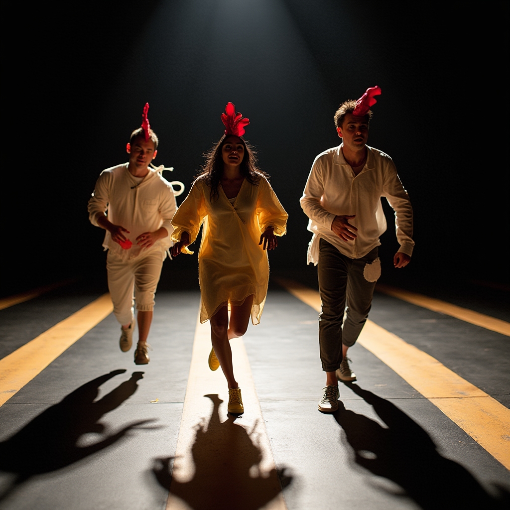 Szene aus der Aufführung 'Chicken Road' mit stilisierten Kostümen